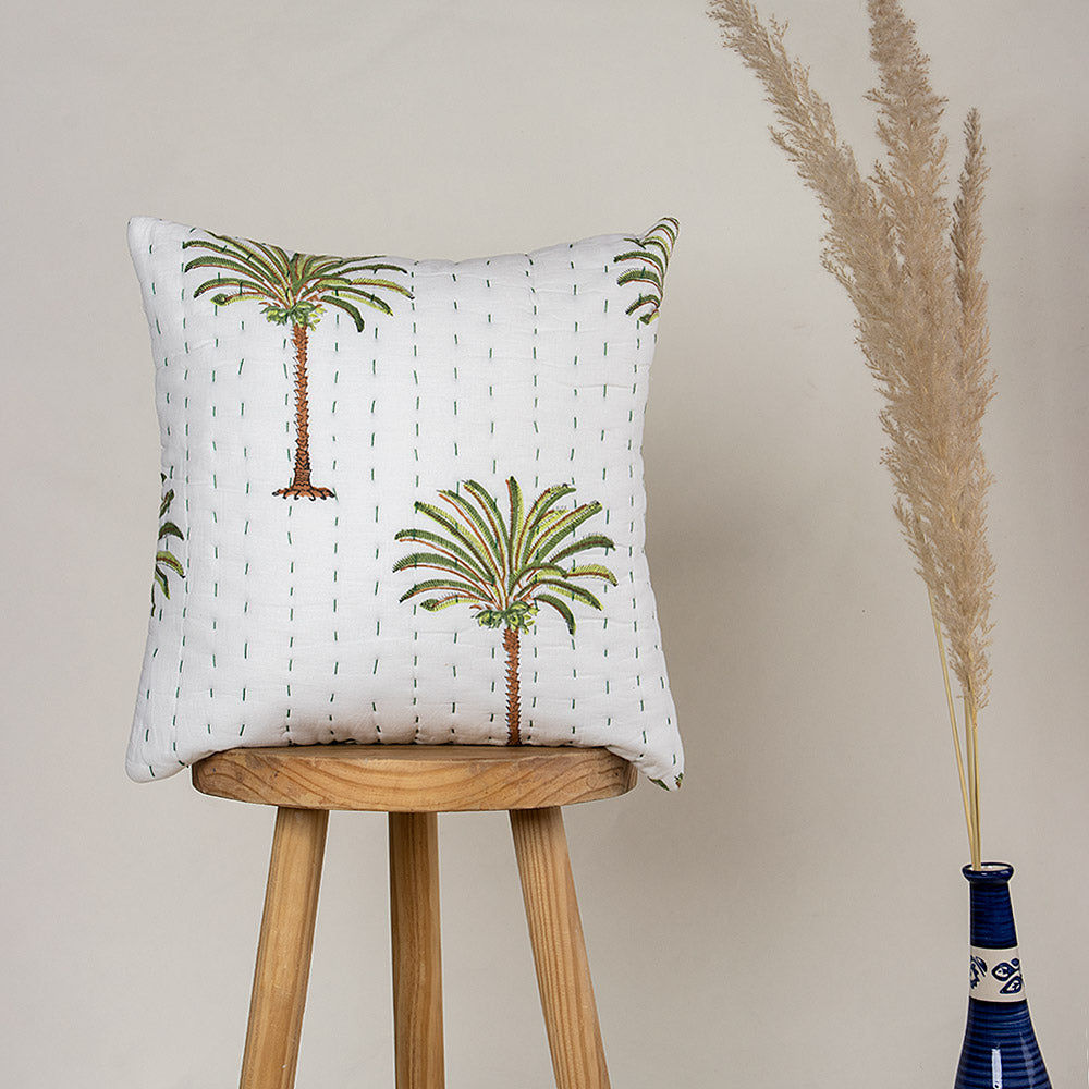 Premium Green Date Palm Tree Printed Cotton Kantha Cushion Cover